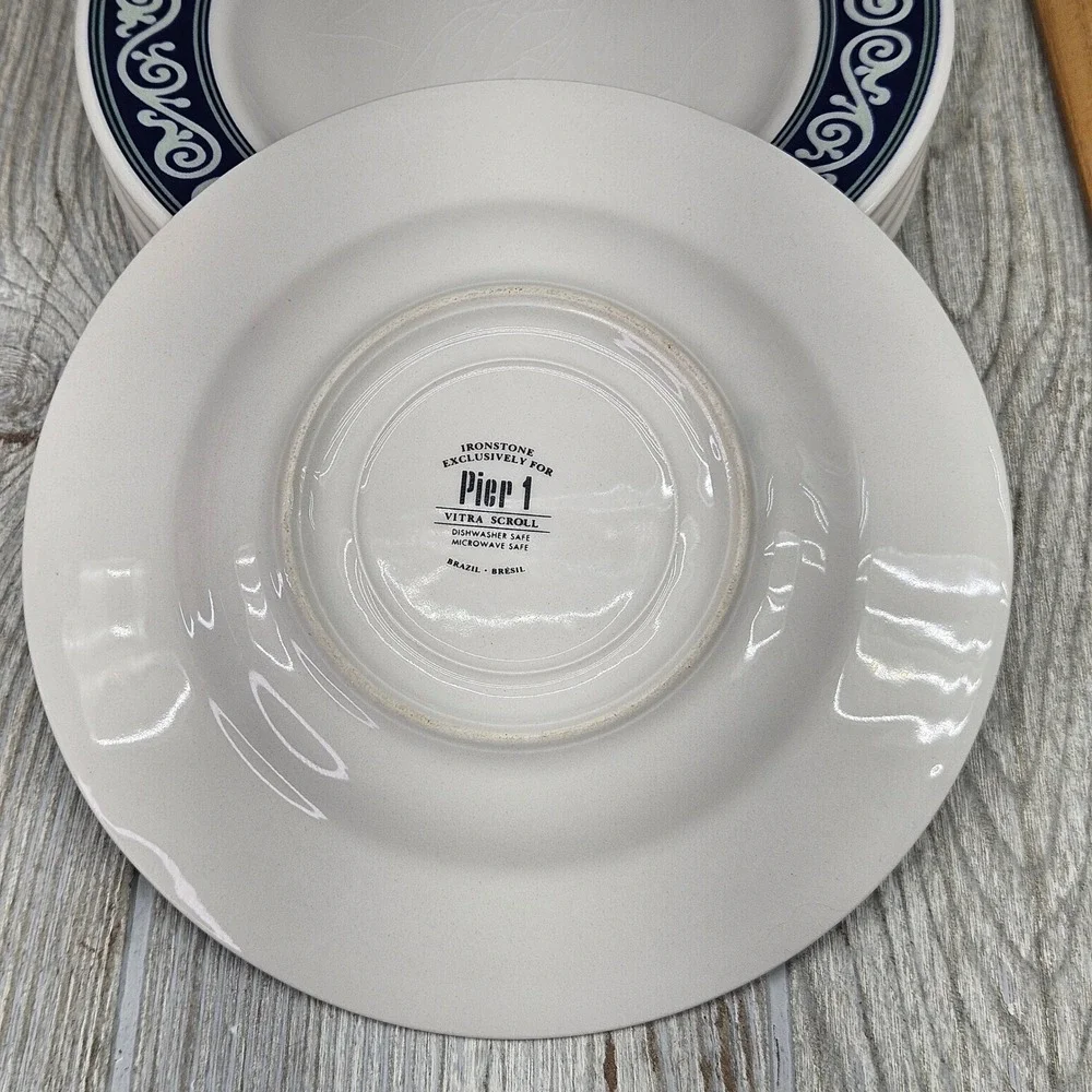 Pier 1 Vitra Scroll Salad Plates Set of 5 Navy Blue White Ironstone Brazil 8